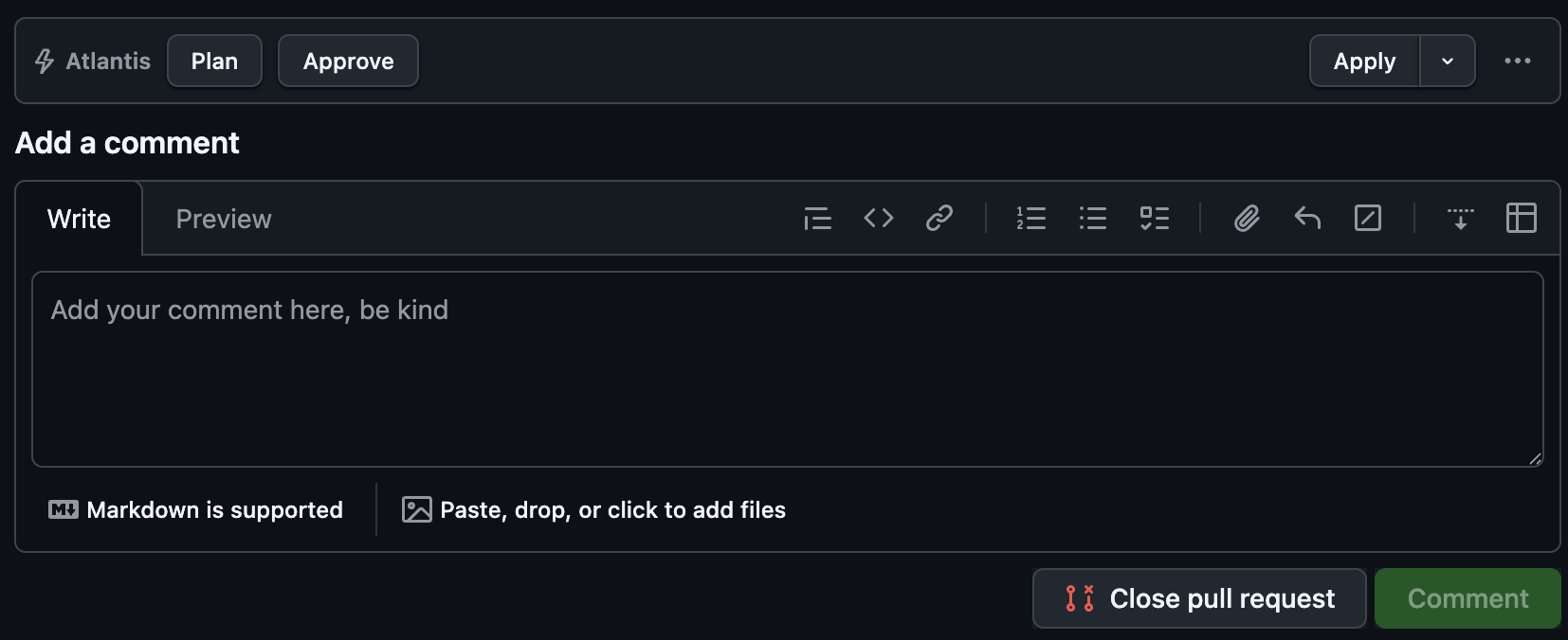Screenshot: Atlantis Plan, Approve and Apply buttons injected above the GitHub pull request comment box